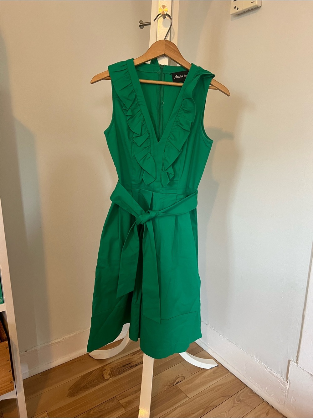 Ruffled V-Neck Tie-Waist Midi Dress in Green